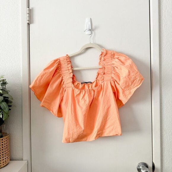 ☀️ ZARA Coral Orange Flutter Sleeve Poplin Crop Top Medium Casual Coquette Prep - Picture 1 of 3